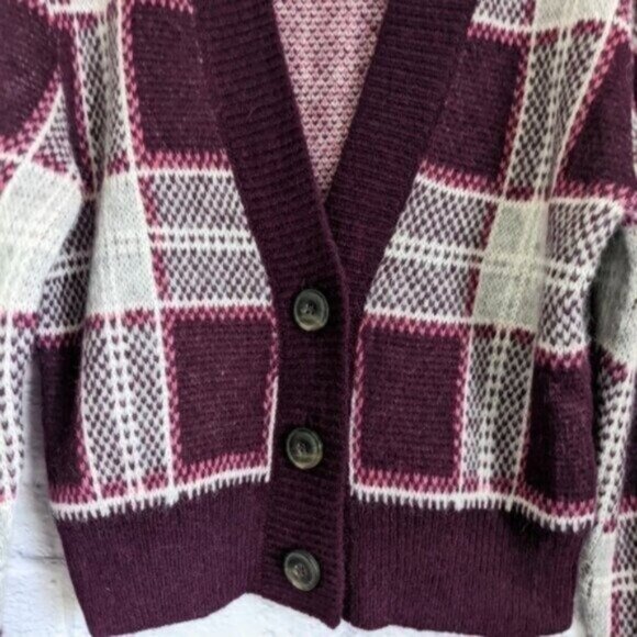 Mother The Slim Low Cardigan Sweater S Bad Boy Magnet Purple Plaid Cropped - Picture 4 of 9